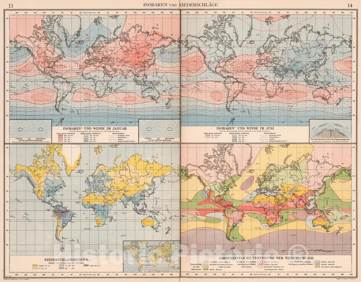 Historic Map : 1905 Isobaren und Winde im Januar und Juli. - Vintage Wall Art