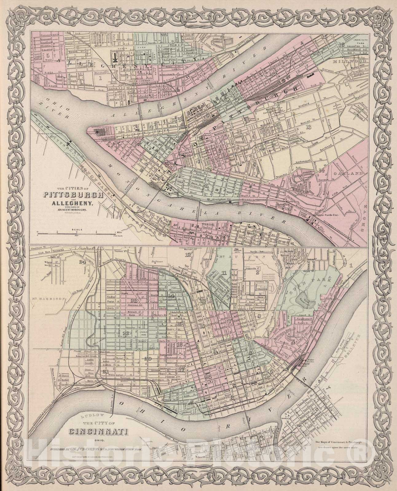 Historic Wall Map : 1886 Pittsburgh, Pennsylvania. Cincinnati, Ohio. - Vintage Wall Art