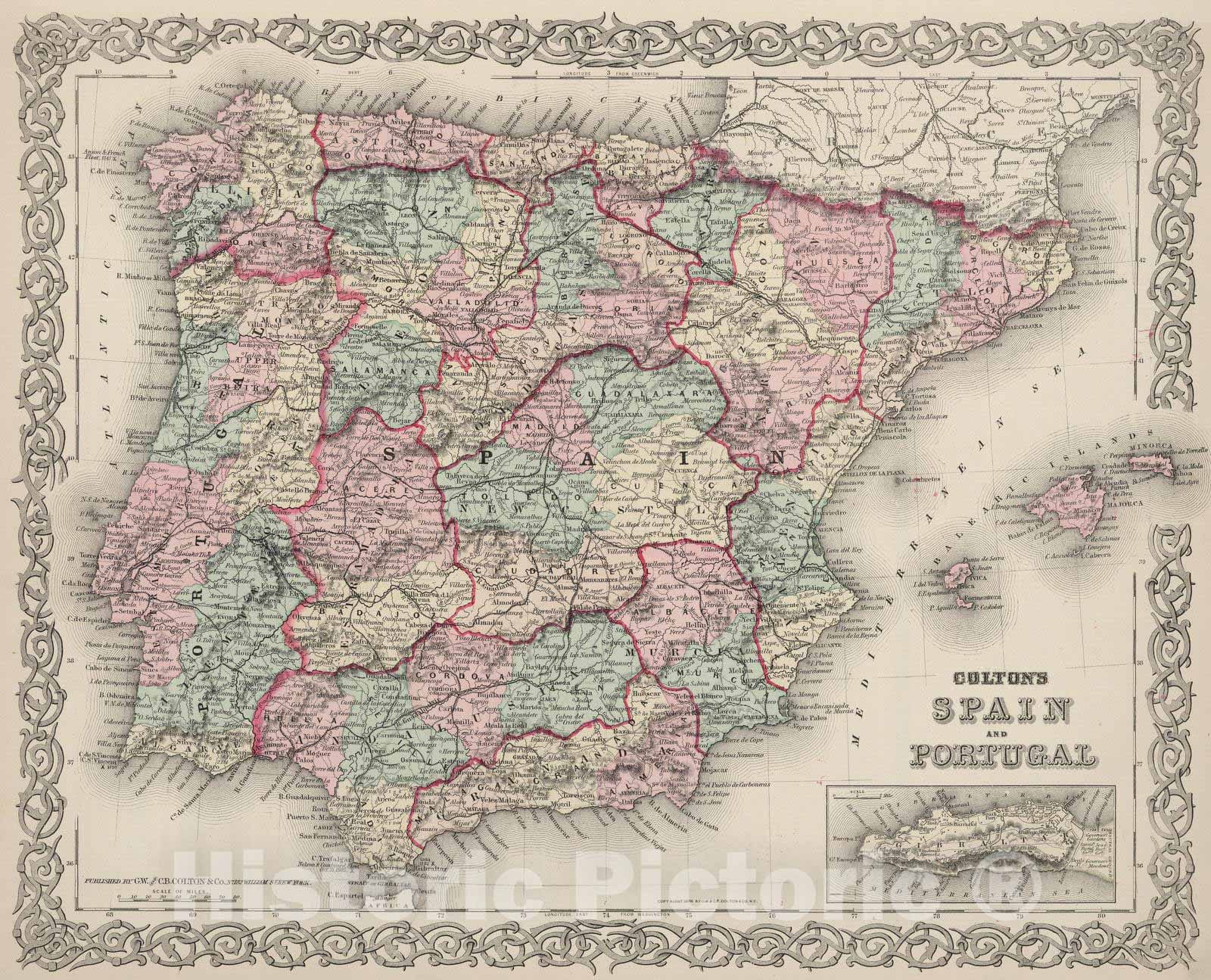 Historic Map : 1886 Spain and Portugal. v1 - Vintage Wall Art