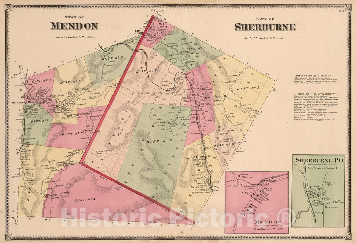 Historic Wall Map : 1869 Mendon and Sherburne, Rutland County, Vermont. Mendon. Sherburne P.O. - Vintage Wall Art