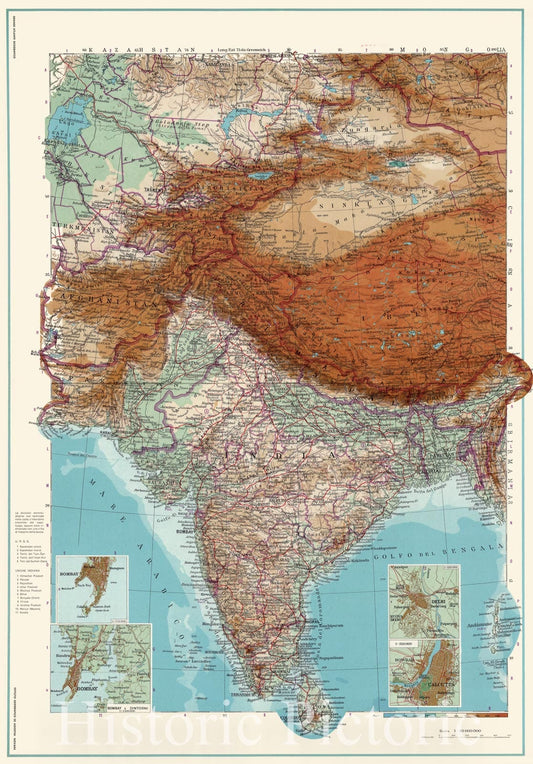 India and Pakistan - Physical Map, 1952 - Historical Map Reproduction