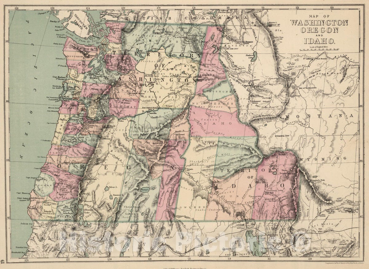 Historic Map : 1873 Washington, Oregon, and Idaho. - Vintage Wall Art