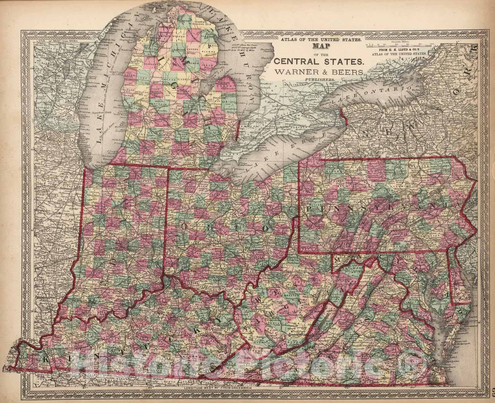 Historic Map : National Atlas - 1872 Atlas of the United States, Map of the Central States. - Vintage Wall Art