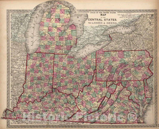 Historic Map : National Atlas - 1872 Atlas of the United States, Map of the Central States. - Vintage Wall Art