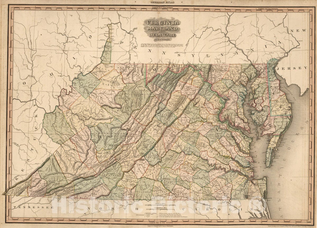 Virginia, Maryland and Delaware, 1823 - Tanner American Atlas Map Print