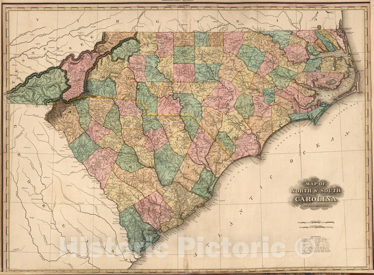 Historic Map : 1823 Map of North & South Carolina. - Vintage Wall Art
