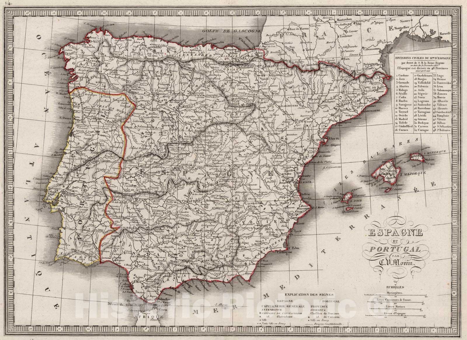 Historic Map : Spain; Portugal, Iberian Peninsula 1839 Espagne et Portugal. , Vintage Wall Art