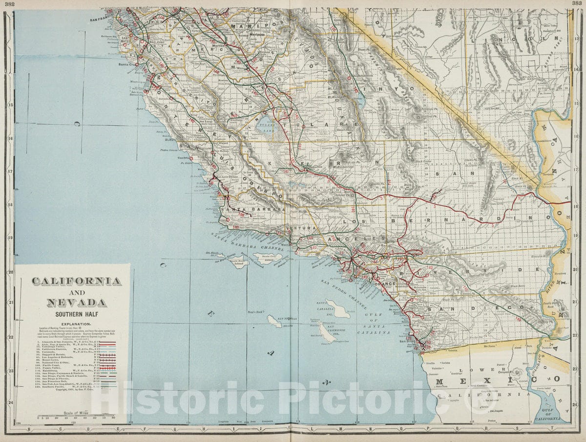 Historic Map : 1901 California and Nevada, Southern Half. - Vintage Wall Art