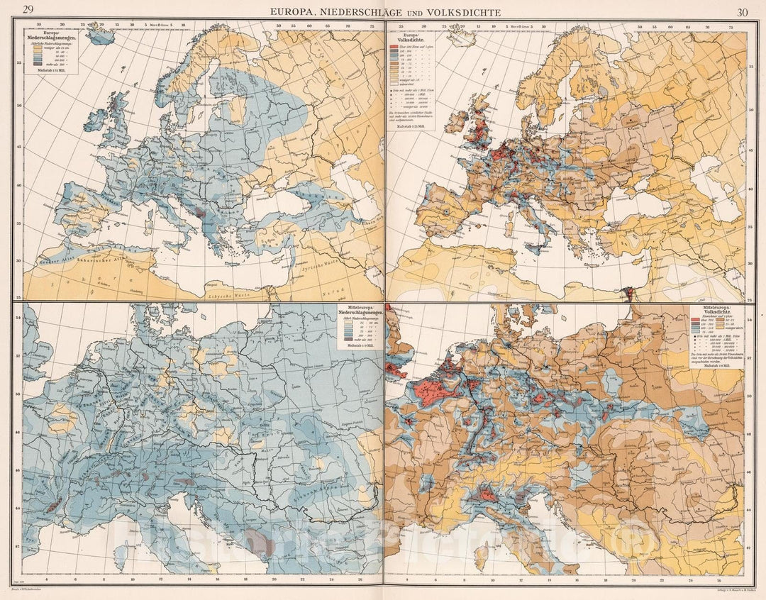 Historic Map : Central Europe 1905 Europa, Niederschlagsmengen und Volksdichte , Vintage Wall Art