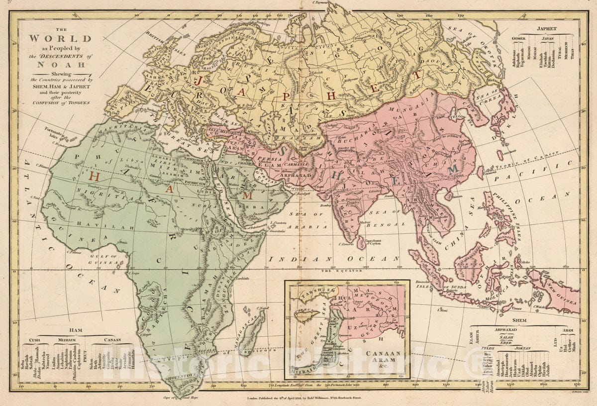 Historic Map : 1818 World as Peopled by the Descendants of Noah. - Vintage Wall Art