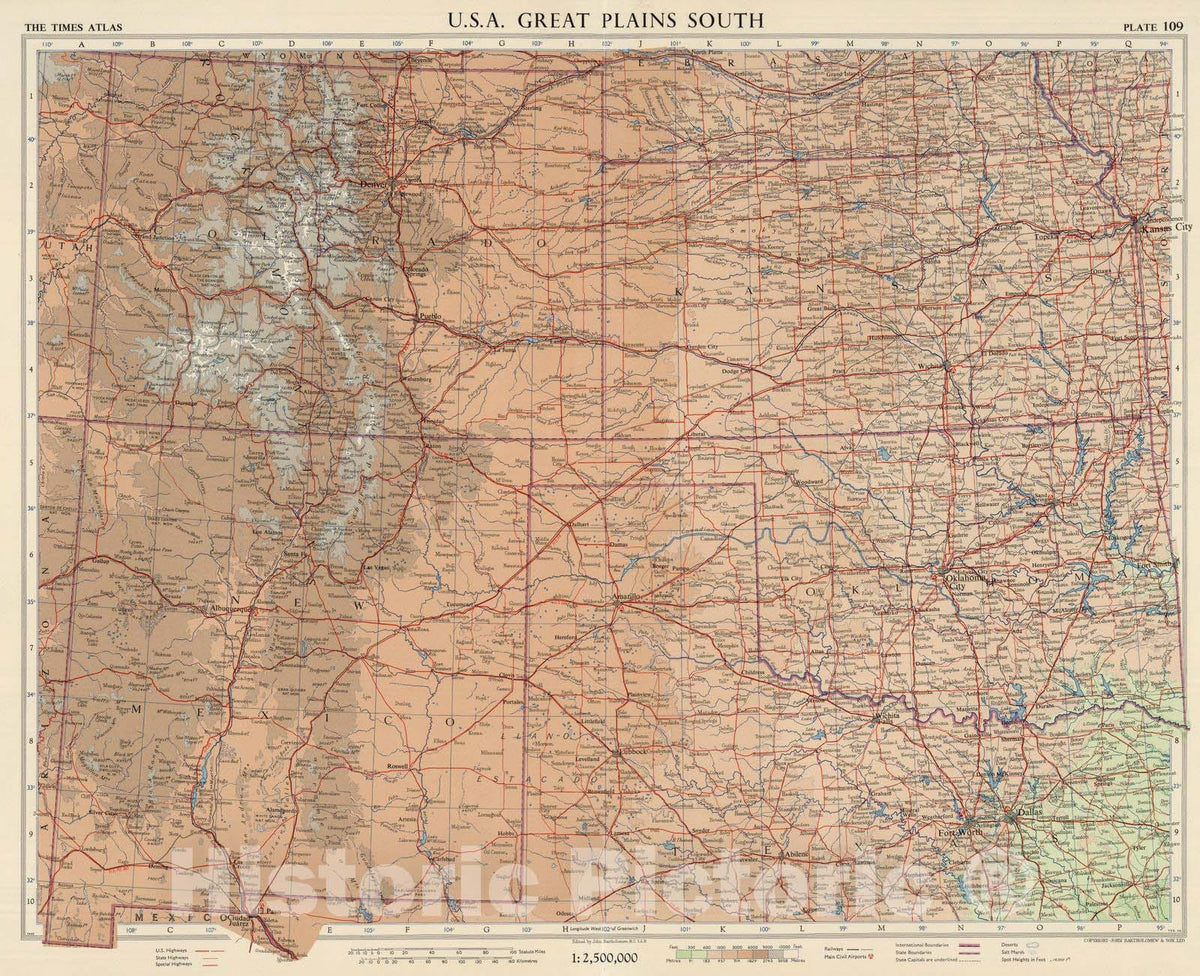 Historic Wall Map : 1957 U.S.A. Great Plains South, Plate 109, Vol. V - Vintage Wall Art