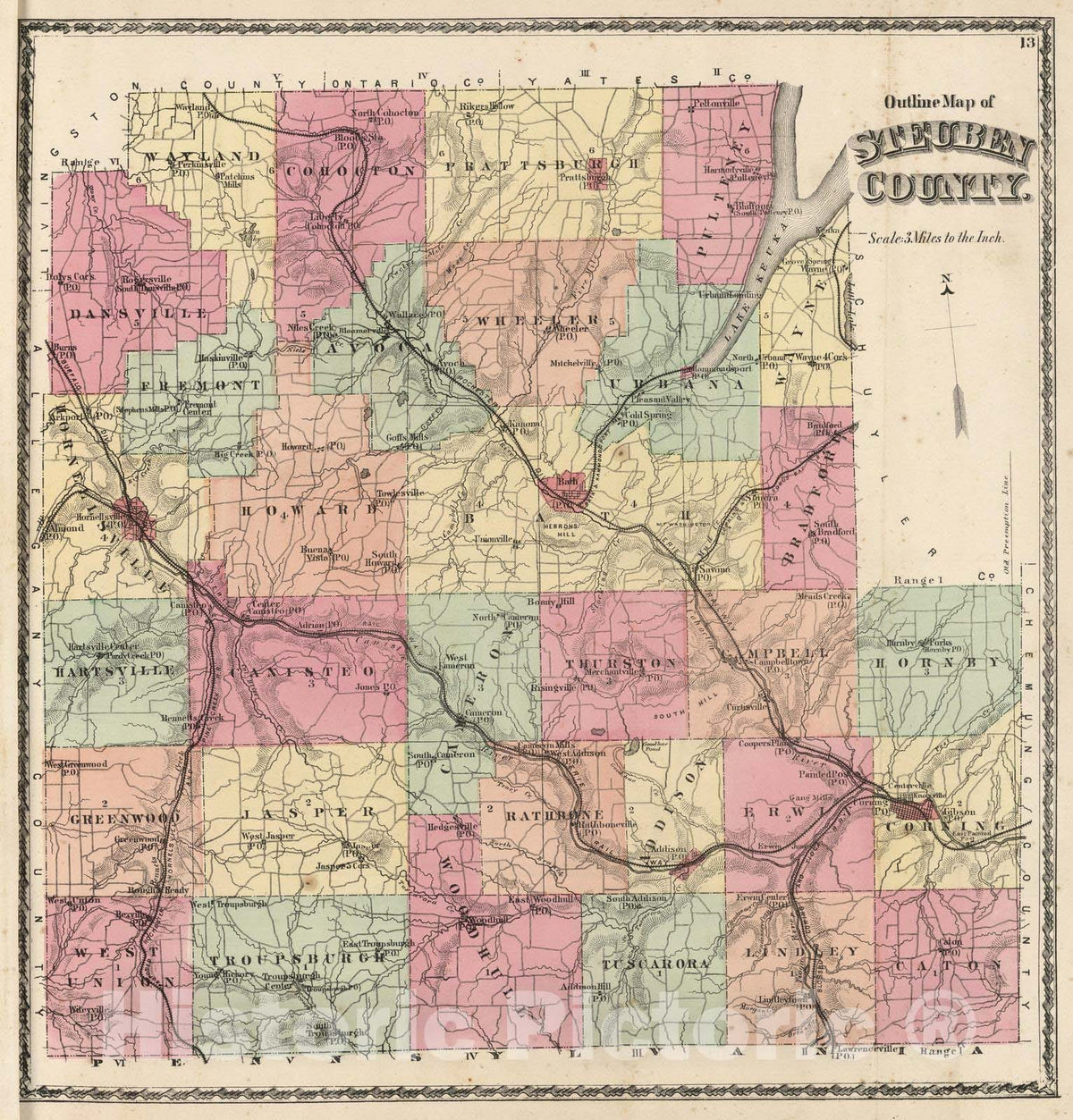Historic Wall Map : 1873 Outline Map of Steuben County. - Vintage Wall Art