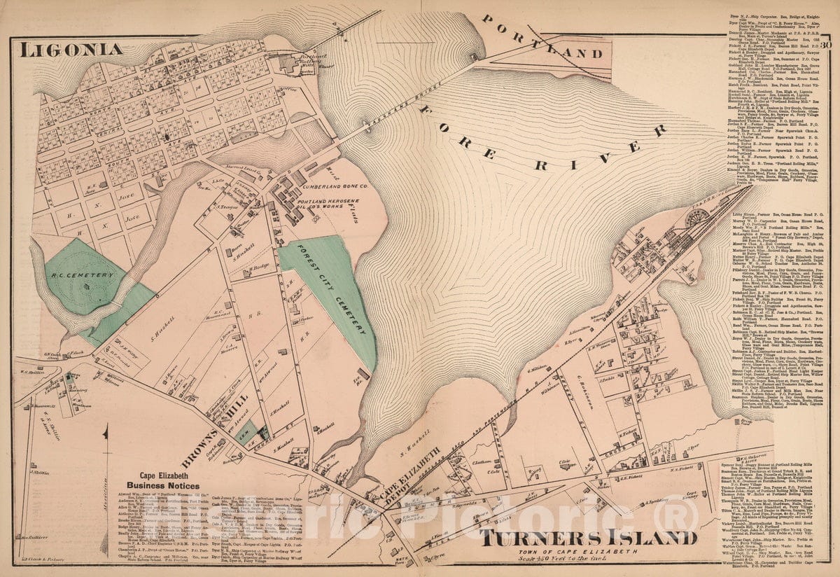 Historic Map : 1871 Ligonia. Turners Island, Town of Cape Elizabeth, Cumberland County, Maine. - Vintage Wall Art