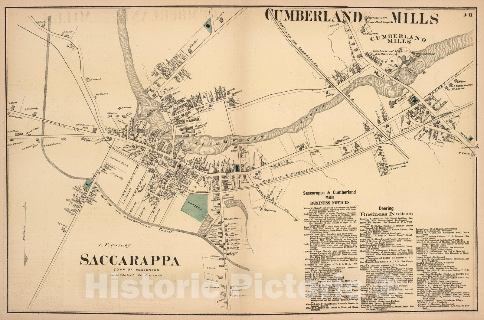 Historic Map : 1871 Cumberland Mills. Saccarappa, Cumberland County, Maine. - Vintage Wall Art
