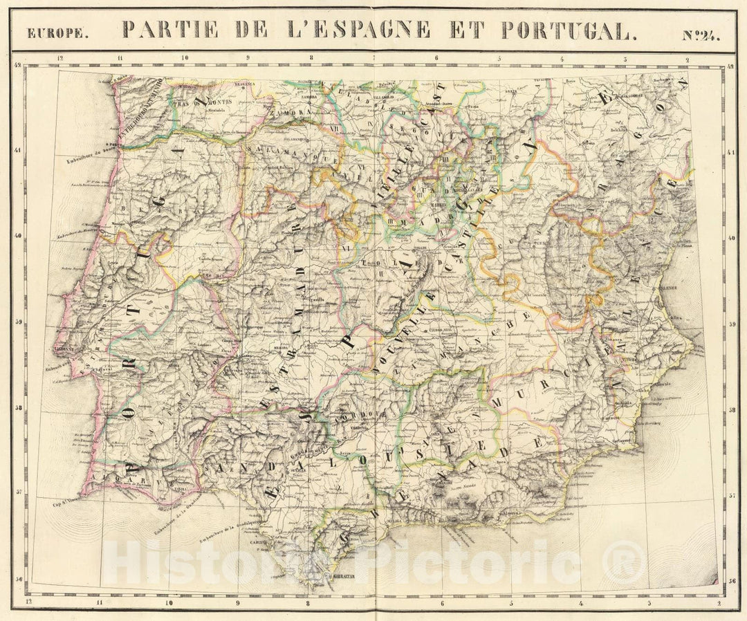 Historic Map : Portugal; Spain, 1827 Partie, l'Espagne, Portugal. Europe 24. , Vintage Wall Art