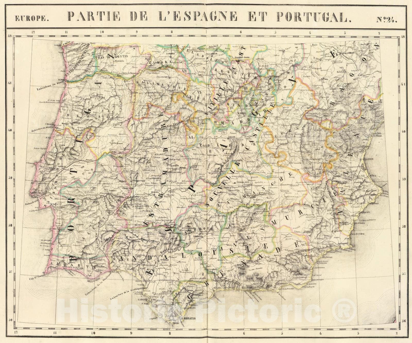 Historic Map : Portugal; Spain, 1827 Partie, l'Espagne, Portugal. Europe 24. , Vintage Wall Art