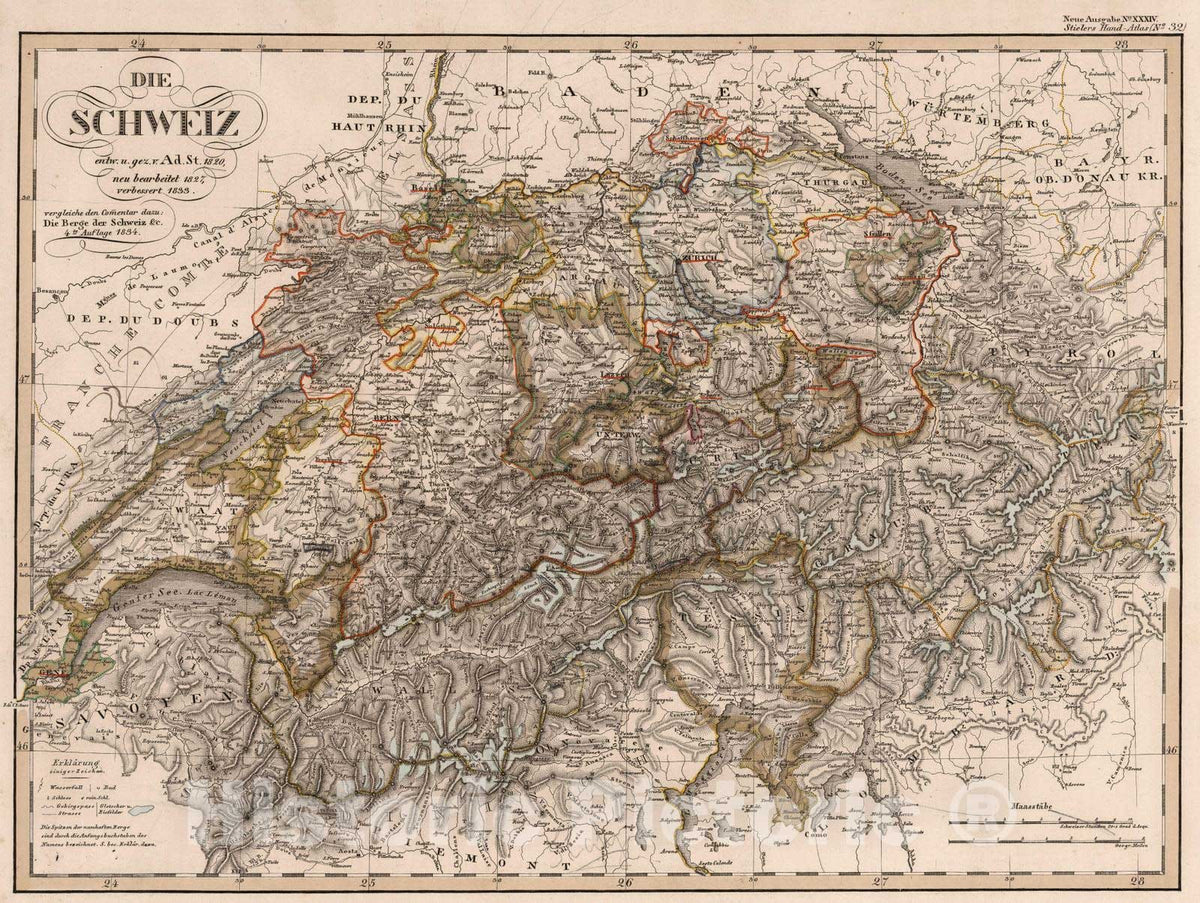 Historic Map : Switzerland, 1834 Die Schweiz. (Switzerland). , Vintage Wall Art