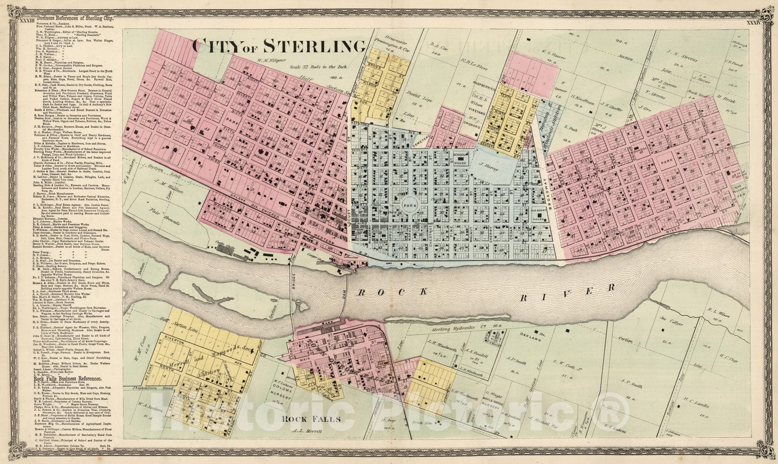 Historic Map : National Atlas - 1872 City of Sterling. Rock Falls. Whiteside County, Illinois. - Vintage Wall Art