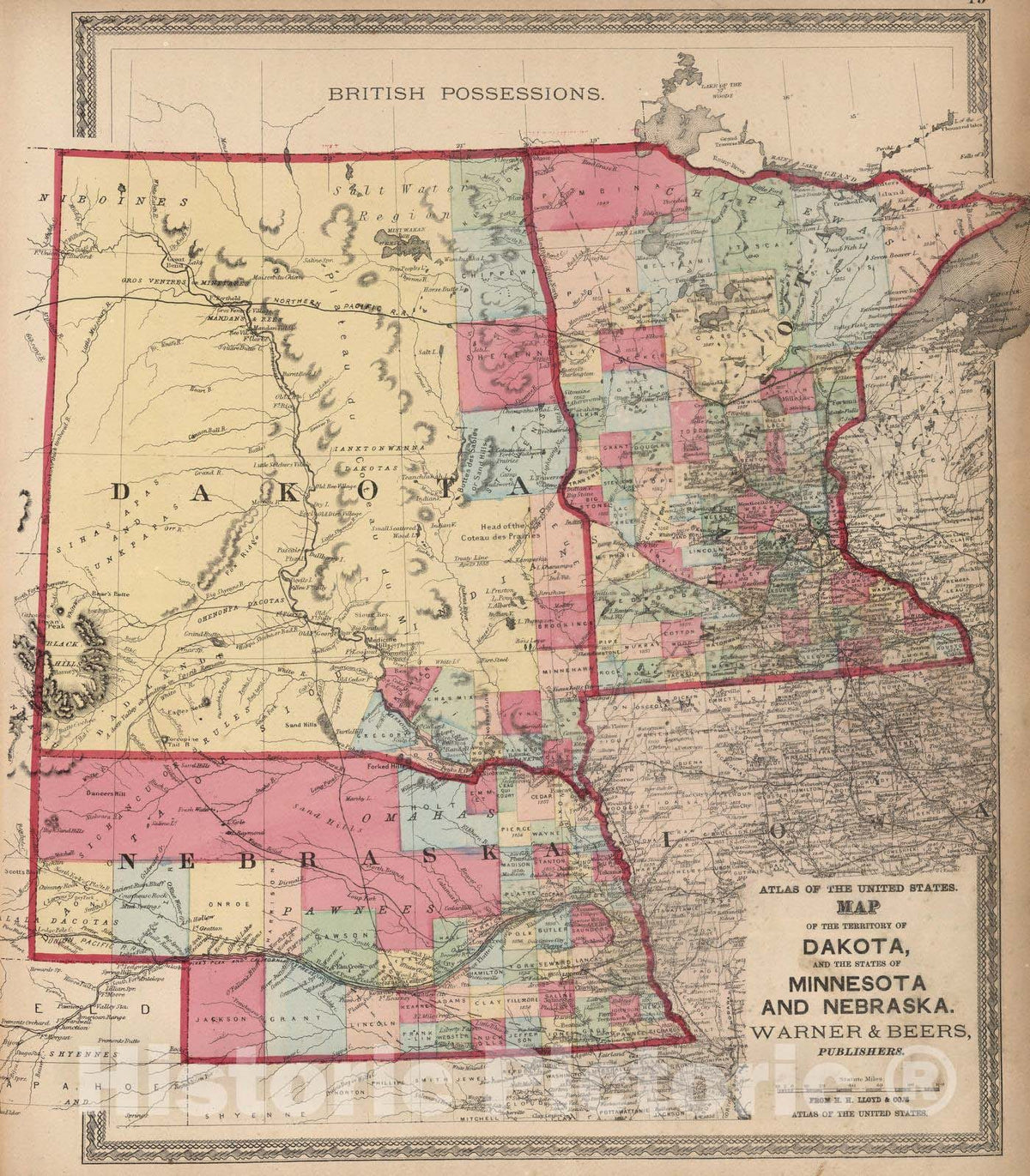 Historic Map : National Atlas - 1872 Territory of Dakota, Minnesota, and Nebraska. - Vintage Wall Art