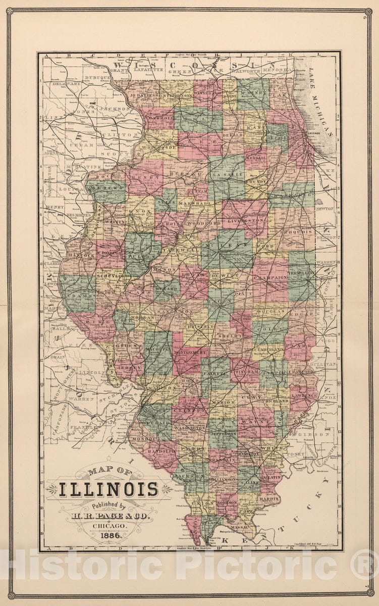 Historic Map : 1886 Illinois, Published by H.R. Page & Co, Chicago, 1886. - Vintage Wall Art