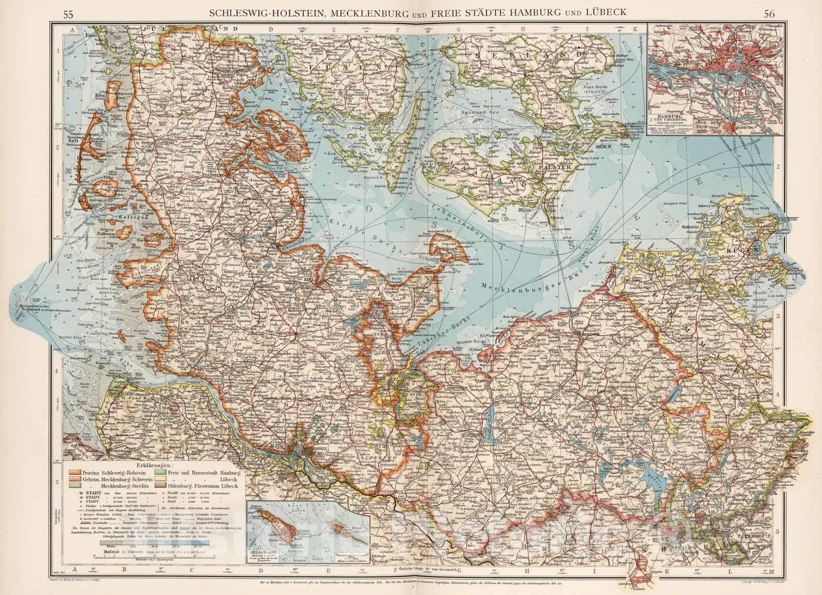 Historic Map : Germany, 1905 Schleswig-Holstein, Mecklenburg und Freie Stadte Hamburg und Lubeck , Vintage Wall Art
