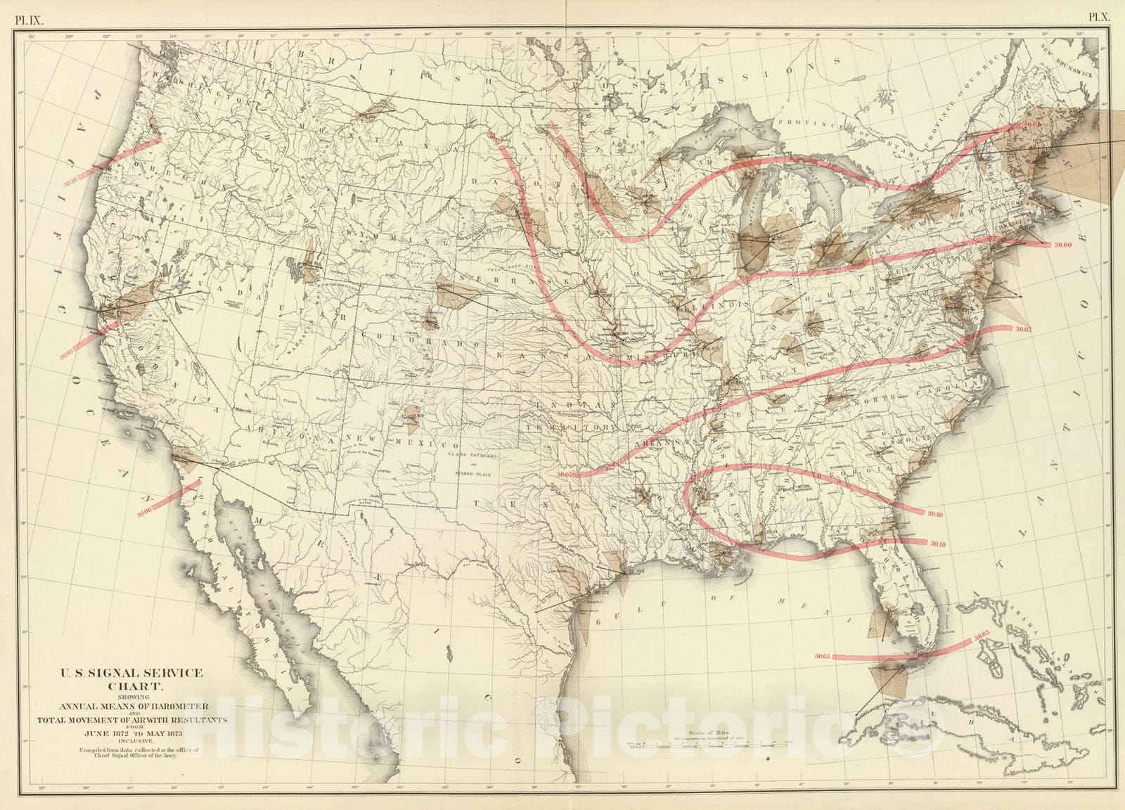 Historic Map : Statistical Atlas - 1874 Barometer, air movement US. - Vintage Wall Art
