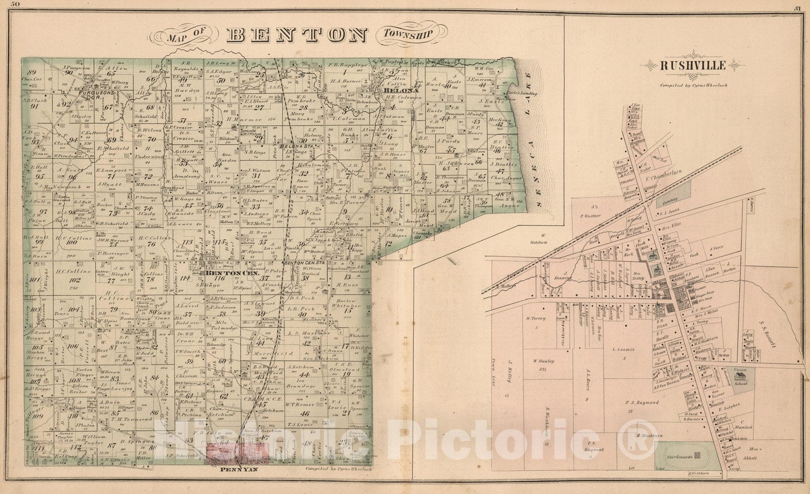 Historic Map : 1876 Benton Township, Yates County, New York. Rushville. - Vintage Wall Art
