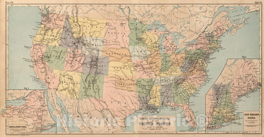 Historic Map : School Atlas - 1867 Plate VII. Outline of Towns, Rivers &co. of the United States. - Vintage Wall Art