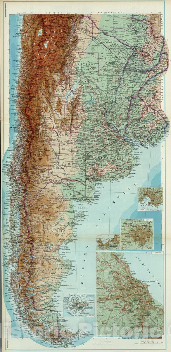 Argentina, Chile, and Uruguay - Physical Map, 1952 - Historical Map Print