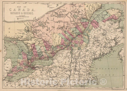 Historic Map : 1873 Ontario and Quebec, Canada. - Vintage Wall Art