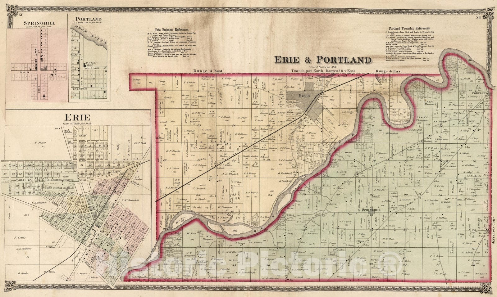 Historic Map : National Atlas - 1872 Erie. Springhill. Portland. Whiteside County, Illinois. - Vintage Wall Art