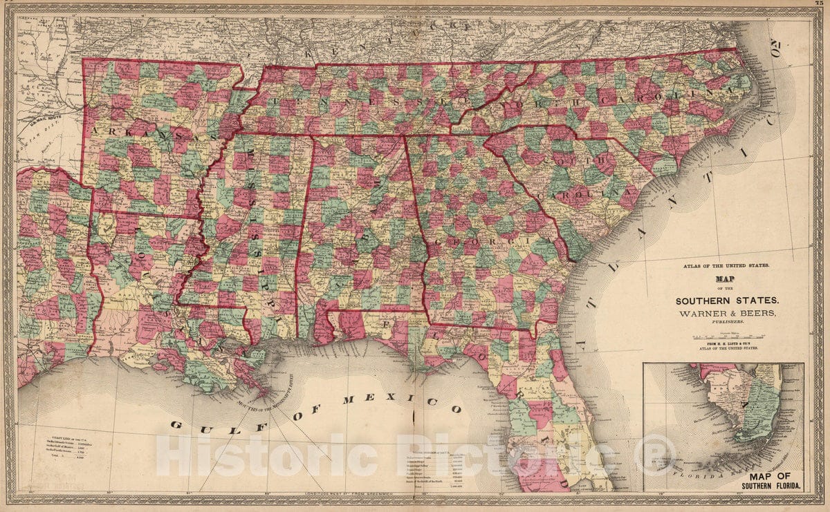 Historic Map : National Atlas - 1872 Atlas of the United States, Map of the Southern States. - Vintage Wall Art
