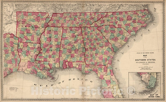 Historic Map : National Atlas - 1872 Atlas of the United States, Map of the Southern States. - Vintage Wall Art