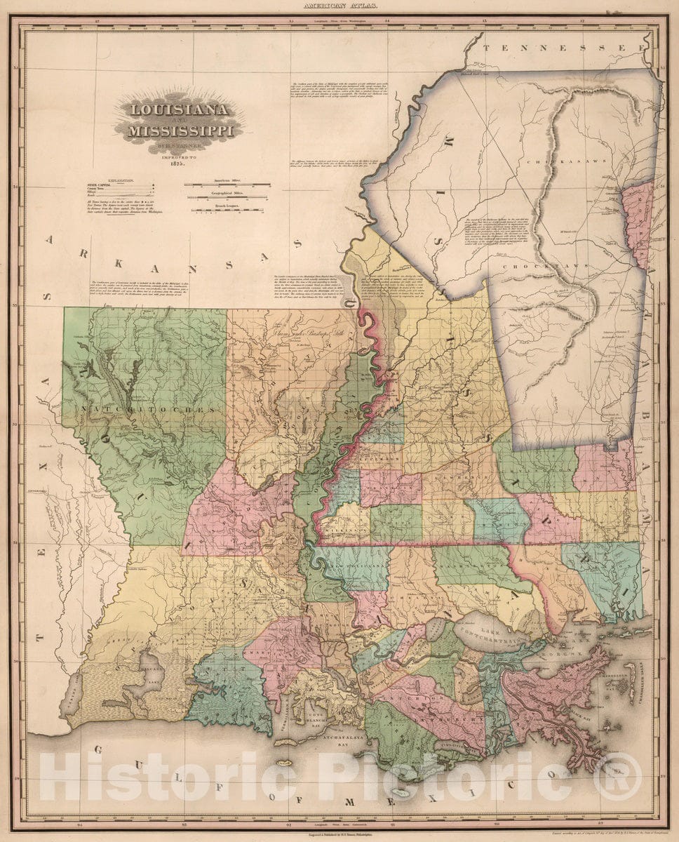 Historic Map : 1825 Louisiana and Mississippi. v2 - Vintage Wall Art