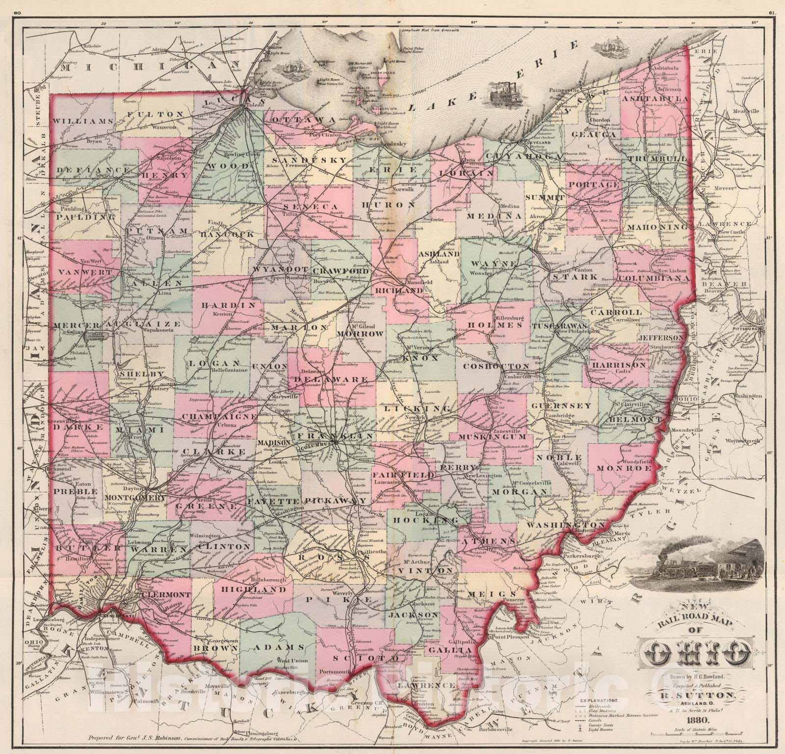 Historic Map : 1880 Rail Road Map of Ohio. - Vintage Wall Art