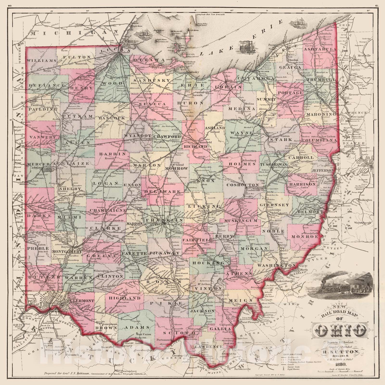 Historic Map : 1880 Rail Road Map of Ohio. - Vintage Wall Art