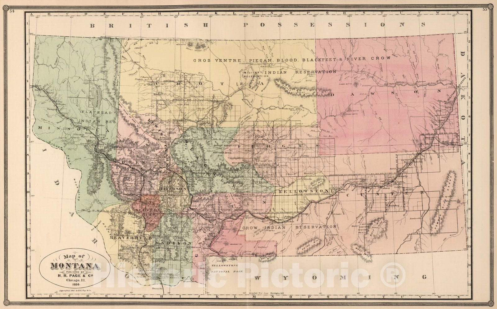 Historic Map : 1886 Montana, Published by H.R. Page & Co, Chicago, Ill. 1886. - Vintage Wall Art