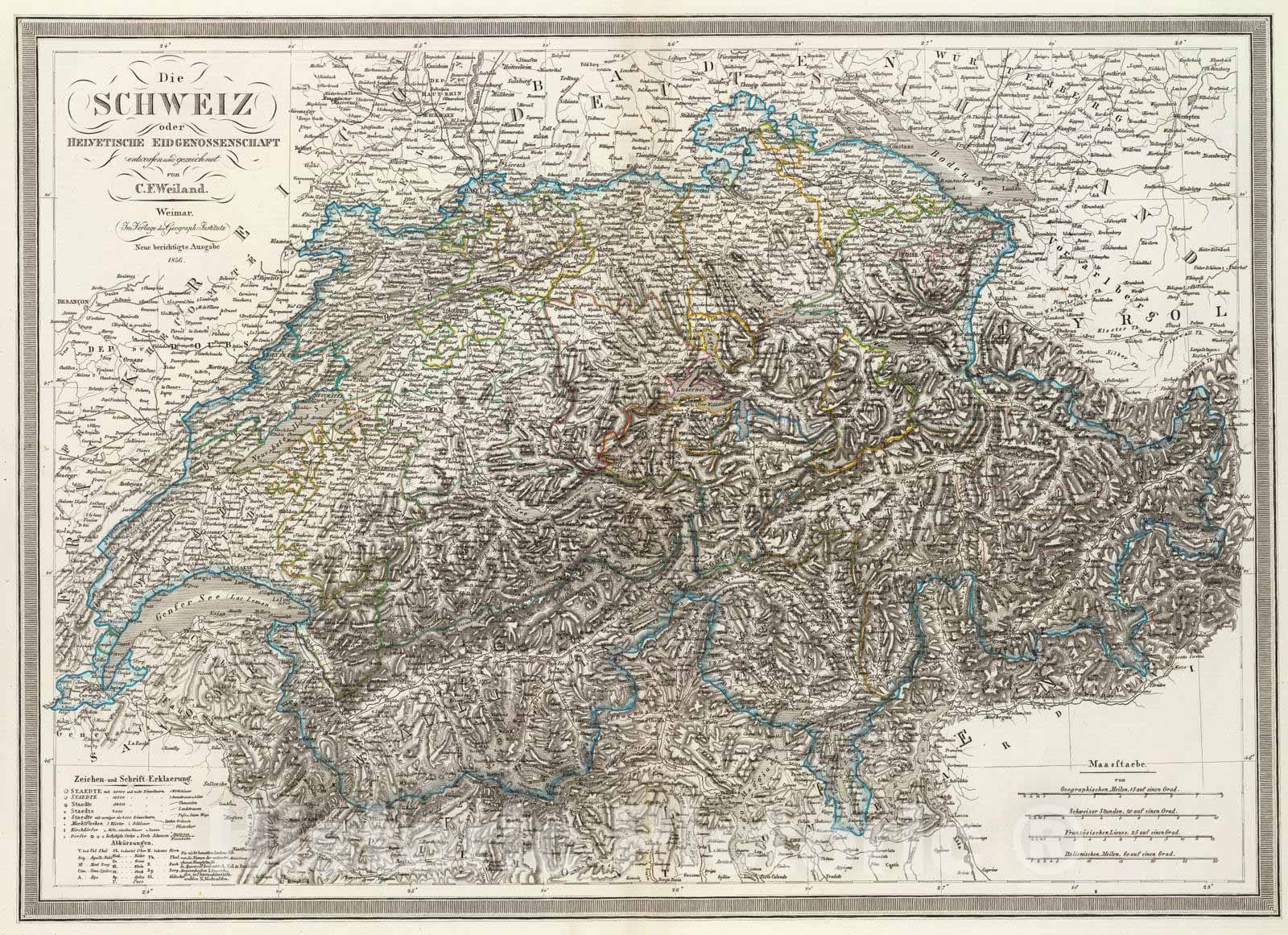 Historic Wall Map : Switzerland, 1856 Die Schweiz. , Vintage Wall Art