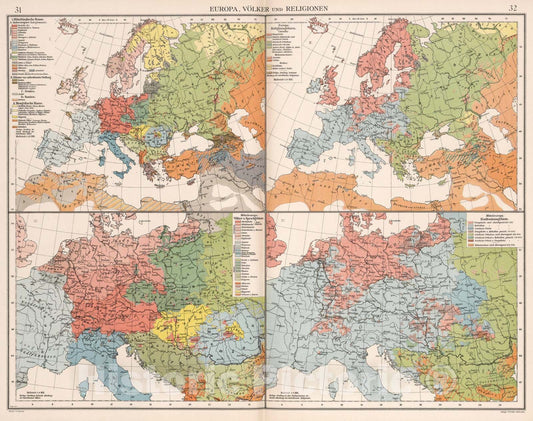 Historic Map : Central Europe 1905 Europe, Volkerverteilung und Religionsgebiete , Vintage Wall Art