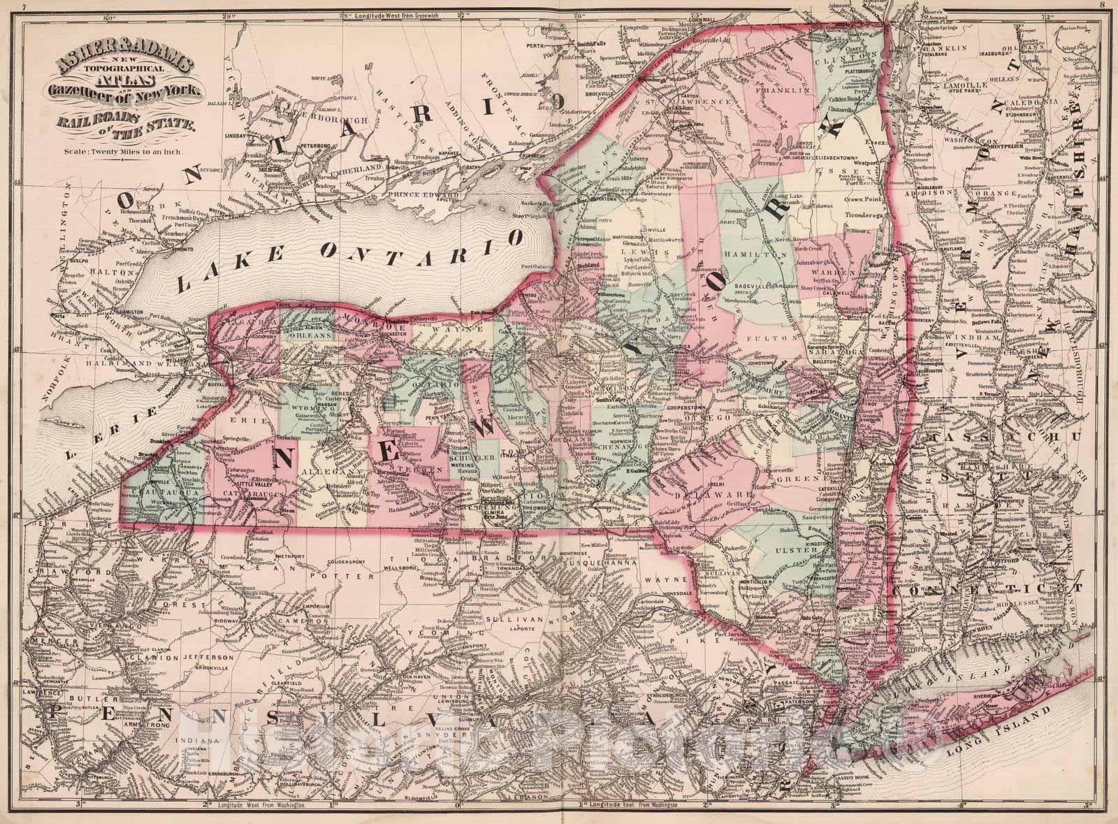Historic Map : 1870 Asher & Adams' New York, Railroads. - Vintage Wall Art