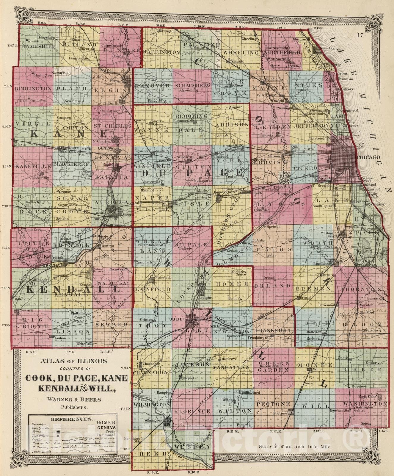 Historic Map : National Atlas - 1872 Atlas of Illinois, Counties of Cook, Du Page, Kane, Kendall and Will. - Vintage Wall Art