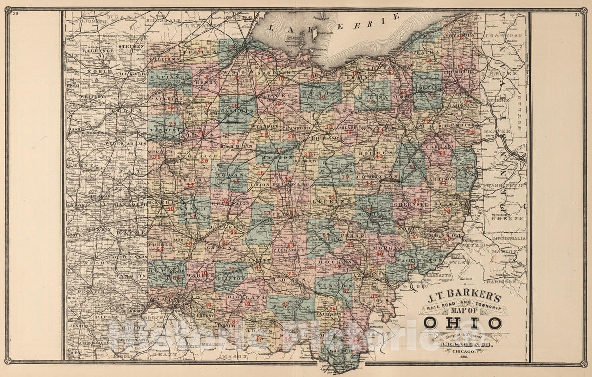Historic Map : 1886 J.T. Barker's, Rail Road and Township, Map of Ohio. - Vintage Wall Art