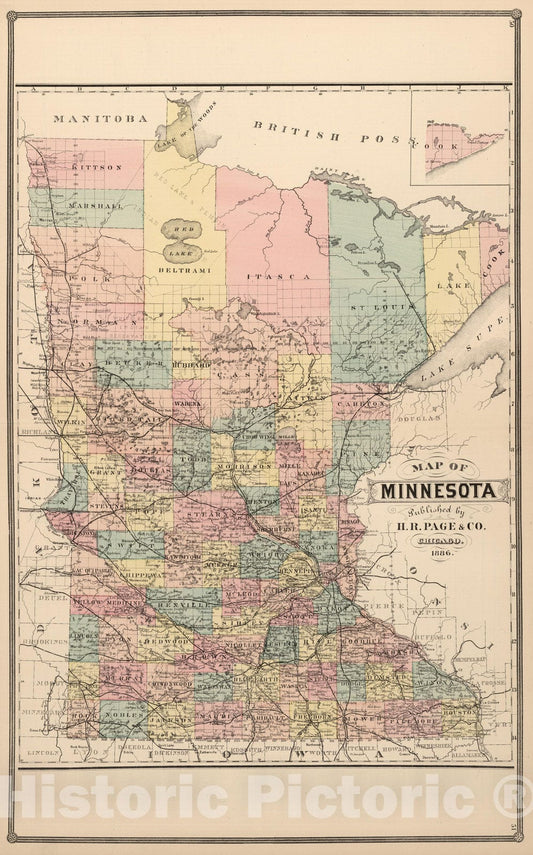 Historic Map : 1886 Minnesota, Published by H.R. Page & Co, Chicago, 1886. - Vintage Wall Art