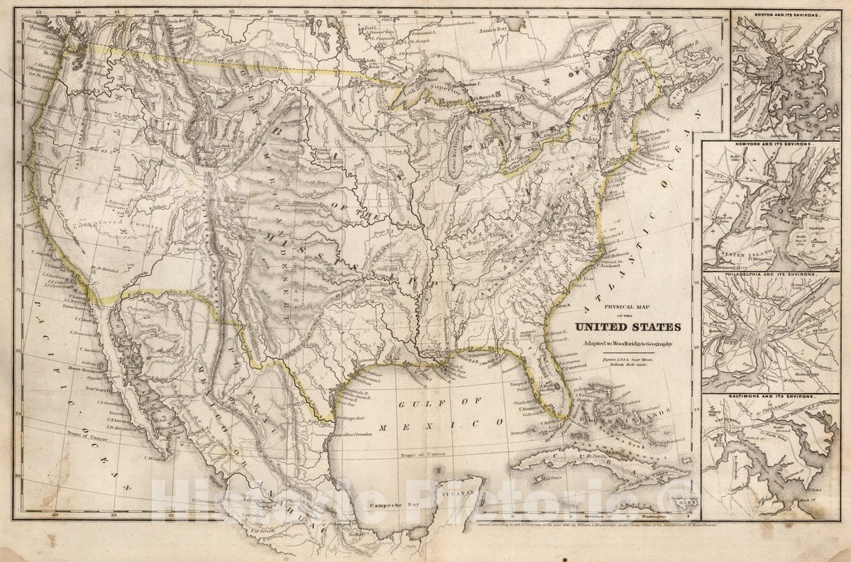 Historic Map : School Atlas - 1849 Physical Map Of The United States - Vintage Wall Art
