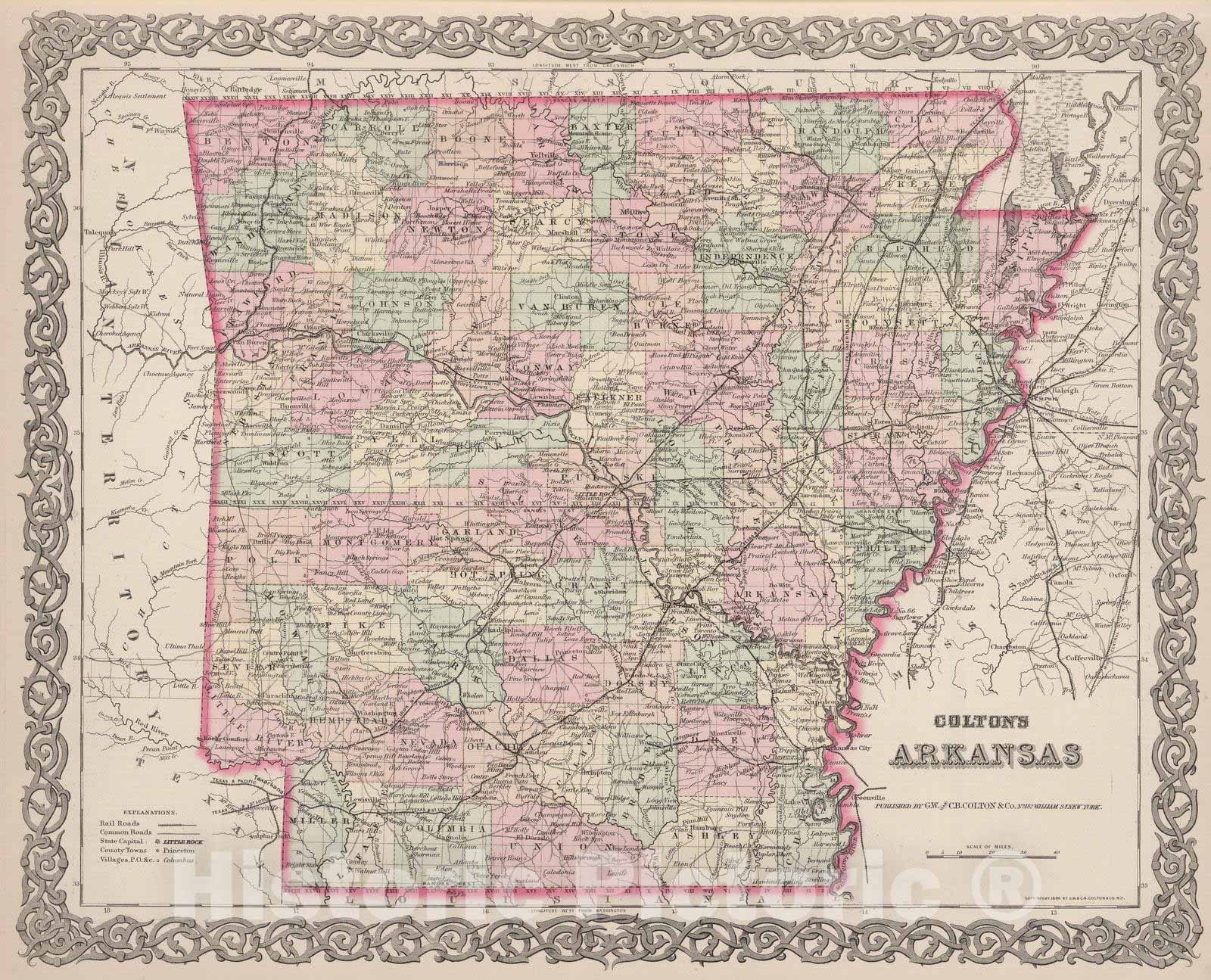 Historic Wall Map : 1886 Arkansas. - Vintage Wall Art