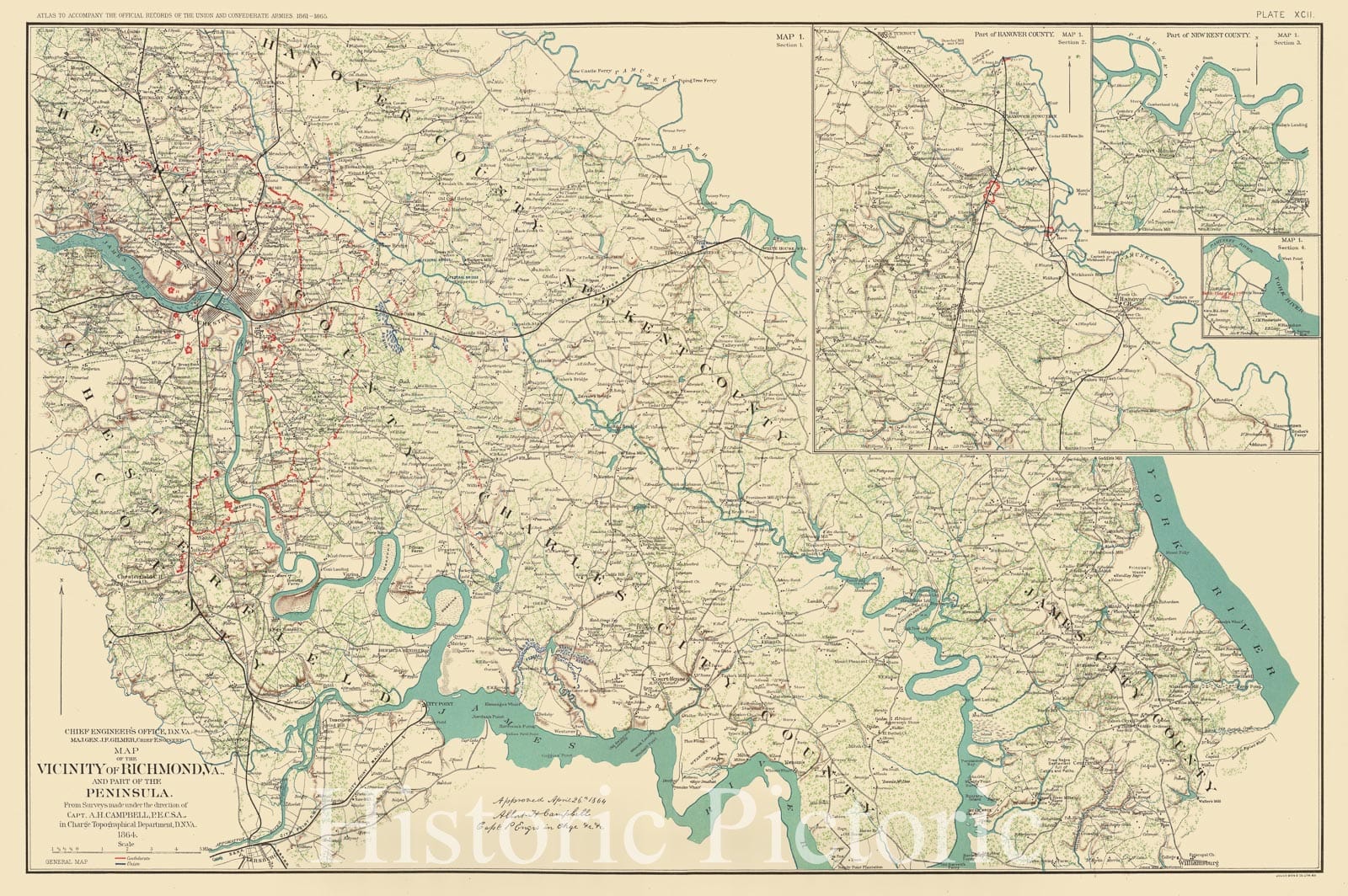 Historic Map : Military Atlas - 1895 Vicinity Richmond, Va, Peninsula. - Vintage Wall Art