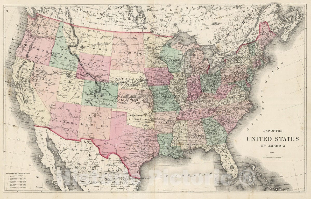 Historic Map : Map of the United States of America, 1873. - Vintage Wall Art