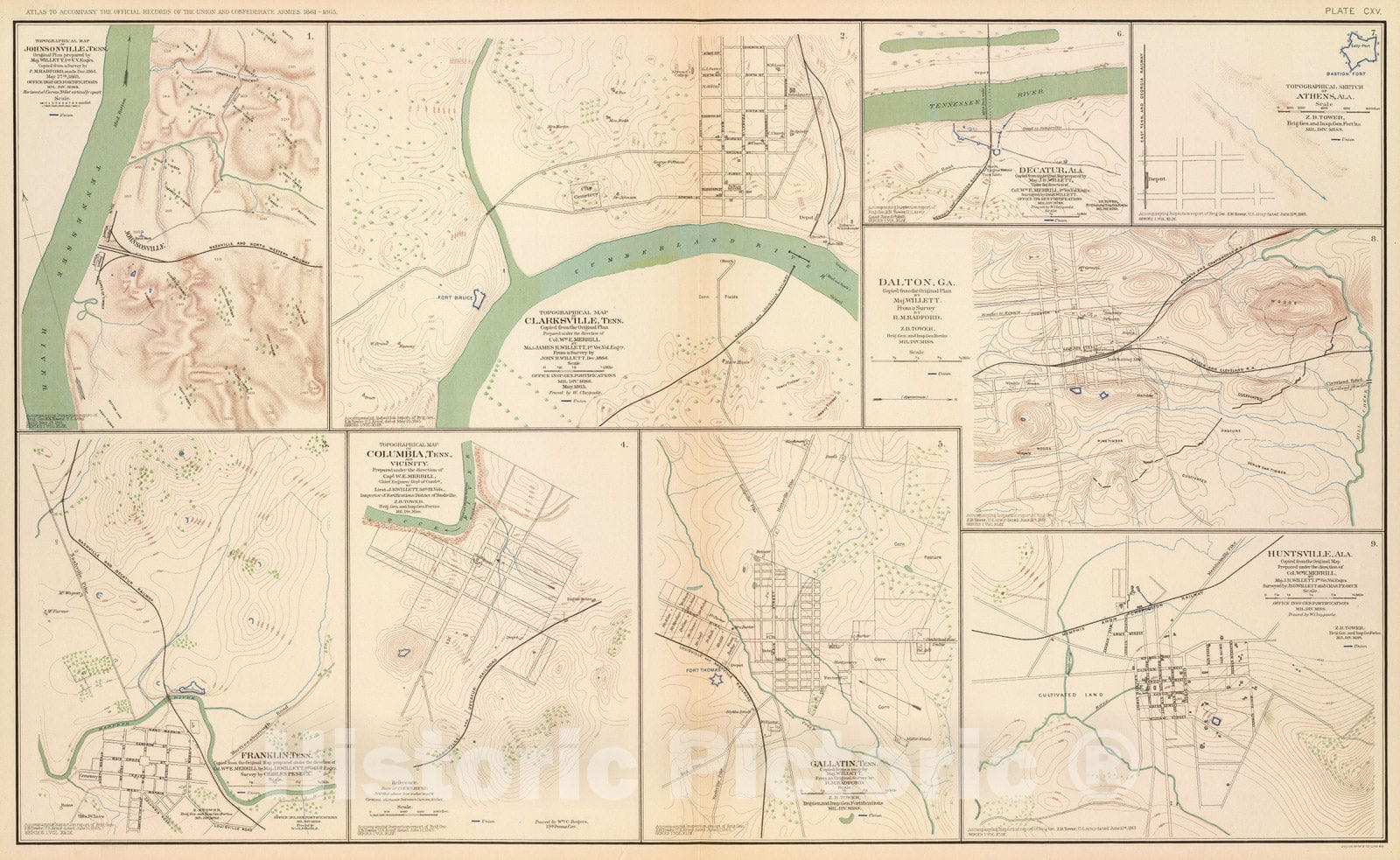 Historic Map : Military Atlas - 1895 Clarksville, Tenn, Dalton, Ga. - Vintage Wall Art