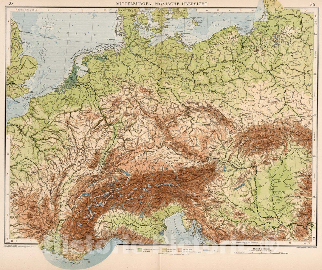Historic Map : Central Europe 1905 Mitteleuropa, Physiche Ubersicht , Vintage Wall Art