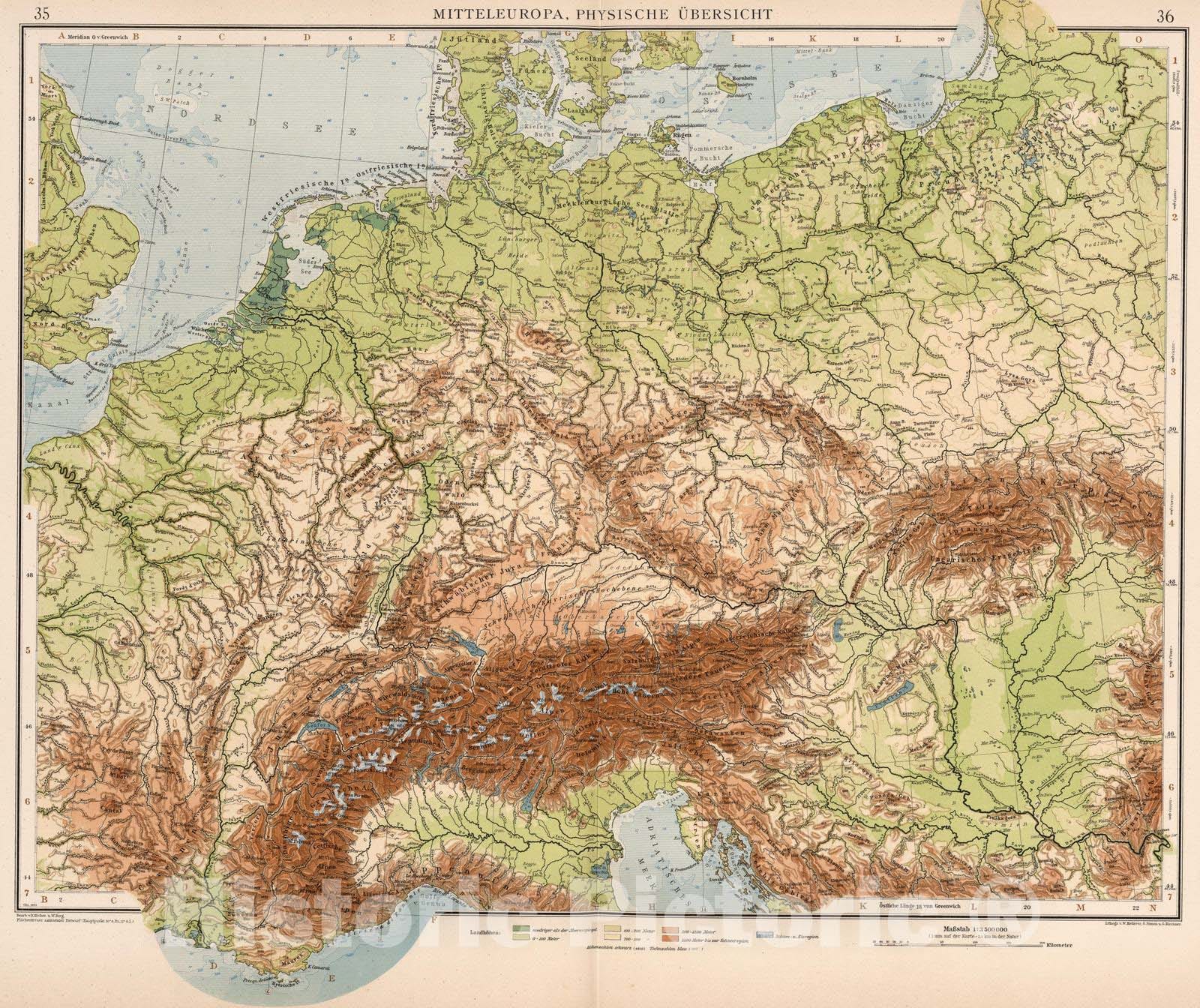 Historic Map : Central Europe 1905 Mitteleuropa, Physiche Ubersicht , Vintage Wall Art